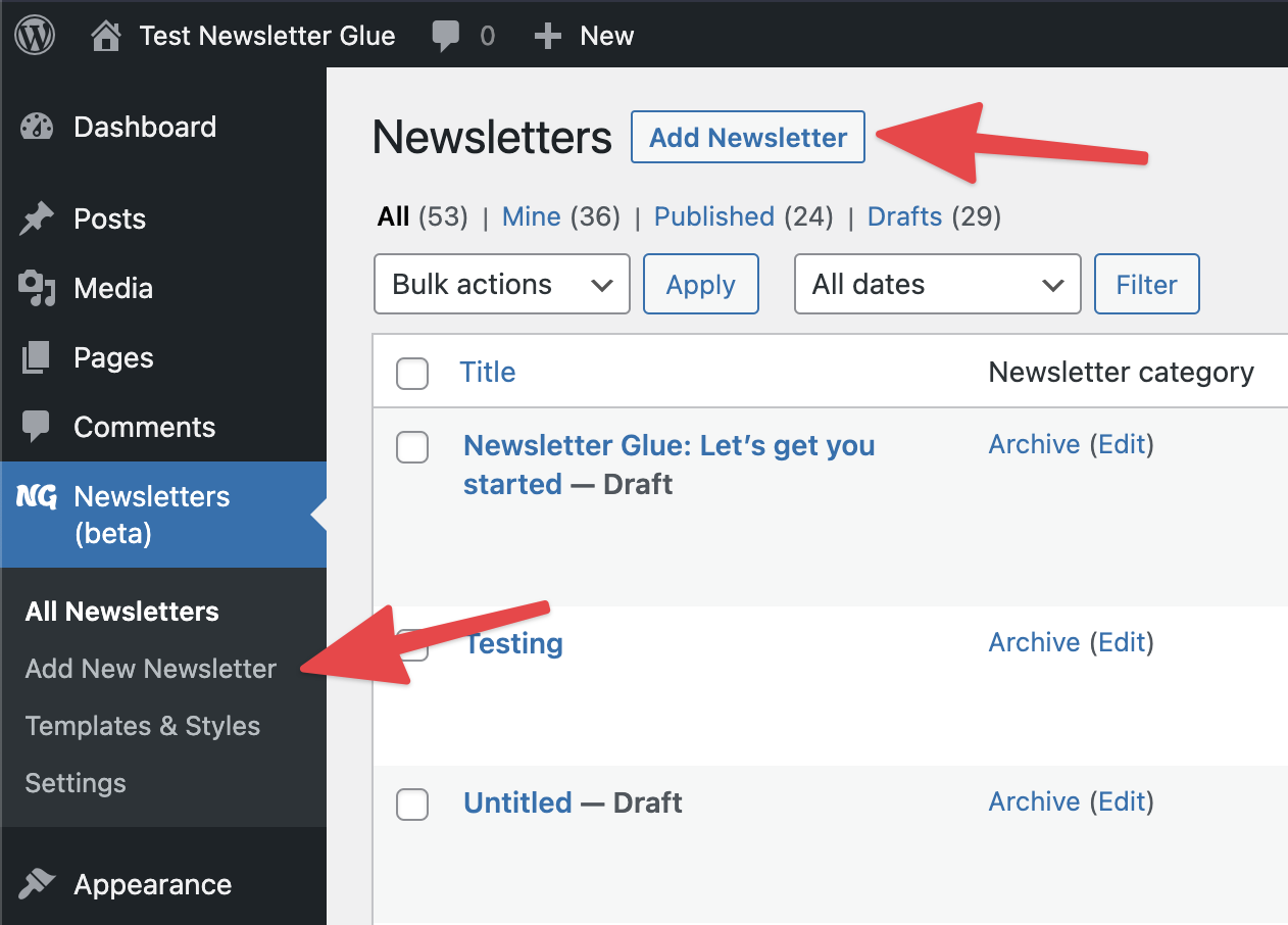 Write newsletter in WordPress with Newsletter Glue