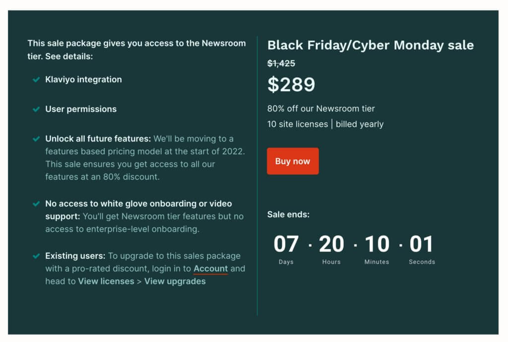 This image details the Newsletter Glue Black Friday/Cyber Monday sale. Buyers can get 80% off of the Newsroom tier, which includes a 10-site license and is billed yearly. The package gives users access to Klaviyo integration, user permissions, access to all future features, no access to white glove onboarding or video support, and the discount is available to existing users. 