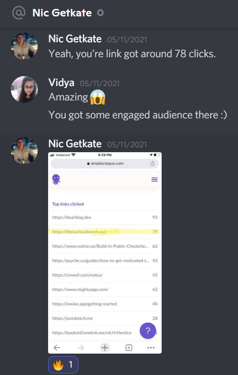 A DM between Nic and Vidya in which Nic shares that Vidya's link received 79 clicks.