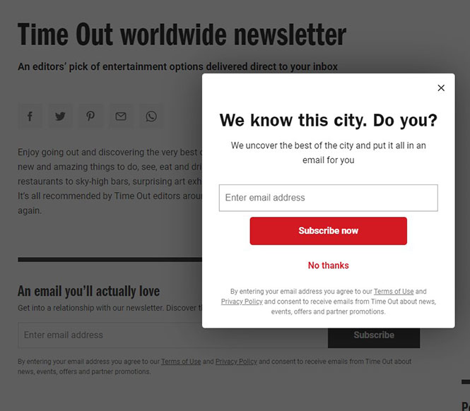 A screen grab of Time Out’s newsletter signup page