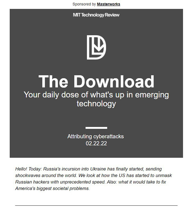 A screen grab of MIT's Technology Review newsletter