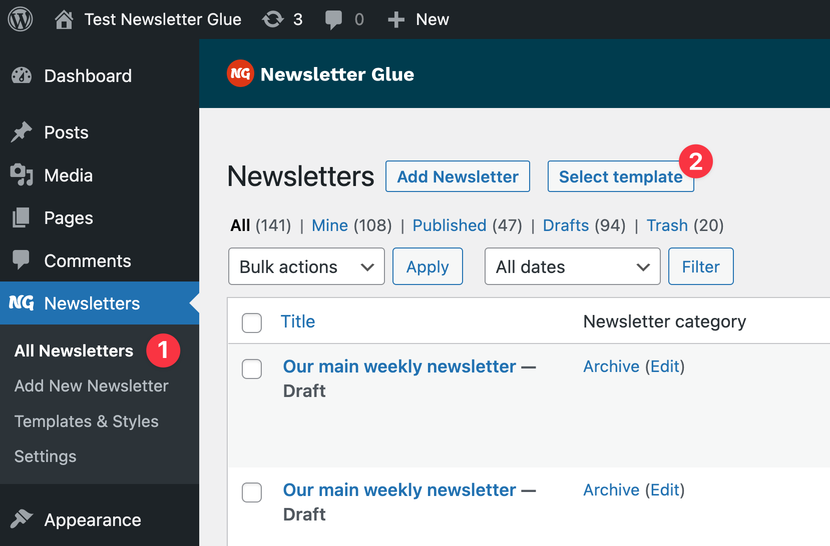 Screenshot of Newsletter Glue plugin.  Click on All newsletters. Then next to Newsletters, click on Select template.