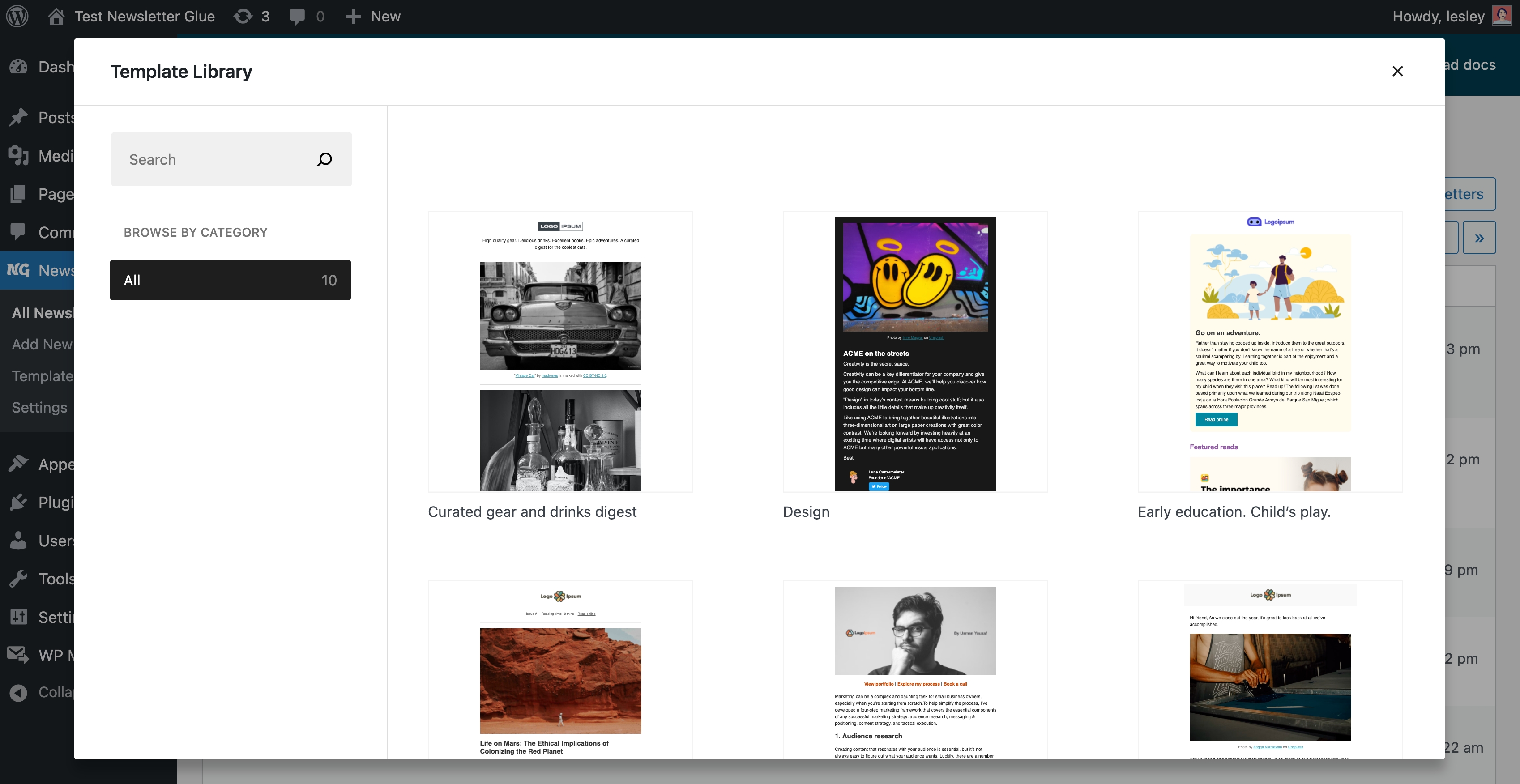 Screenshot of Newsletter Glue plugin.  Template library.