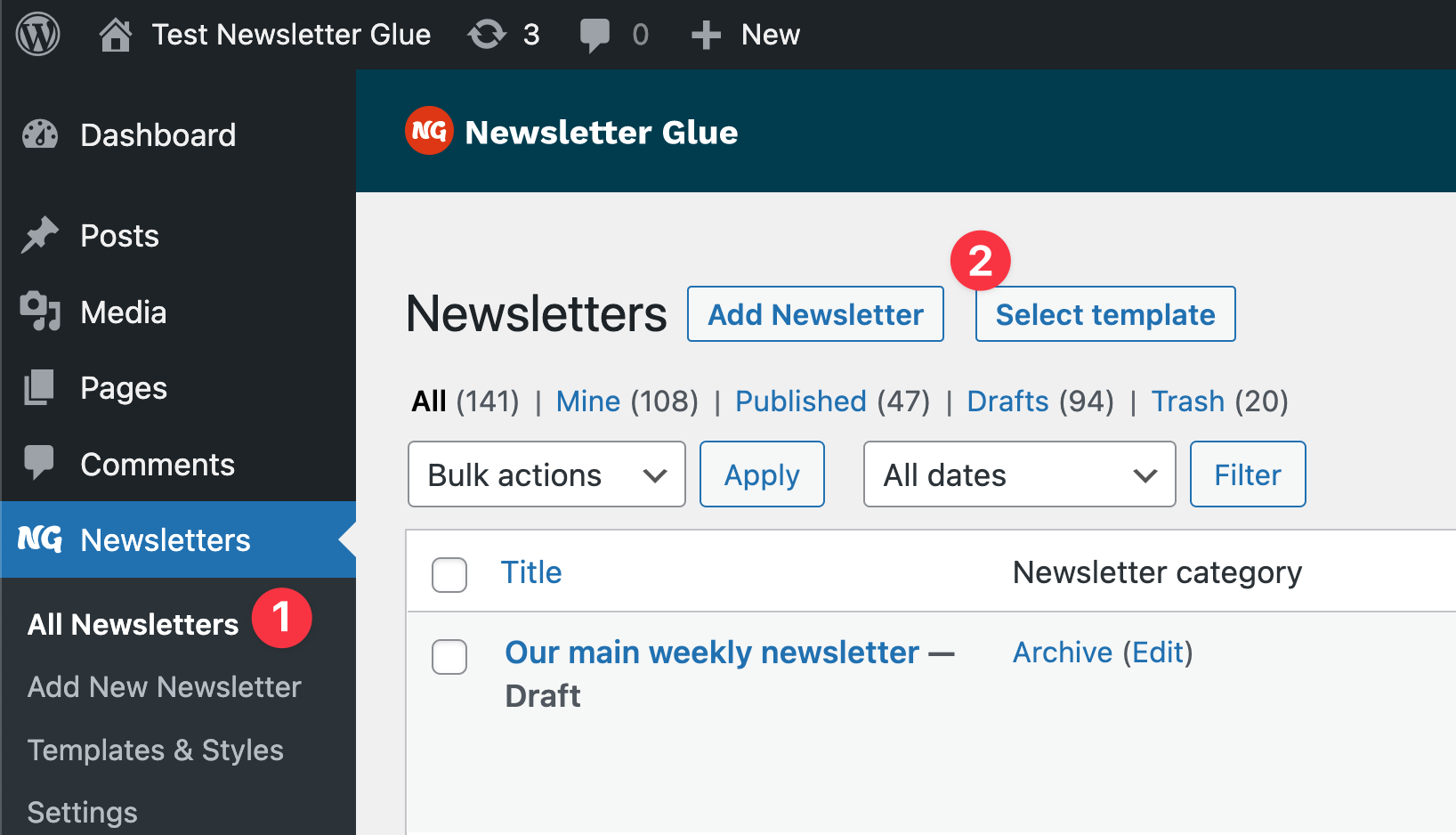 Screenshot of Newsletter Glue plugin.  Inside Newsletters, Click on Select template.
