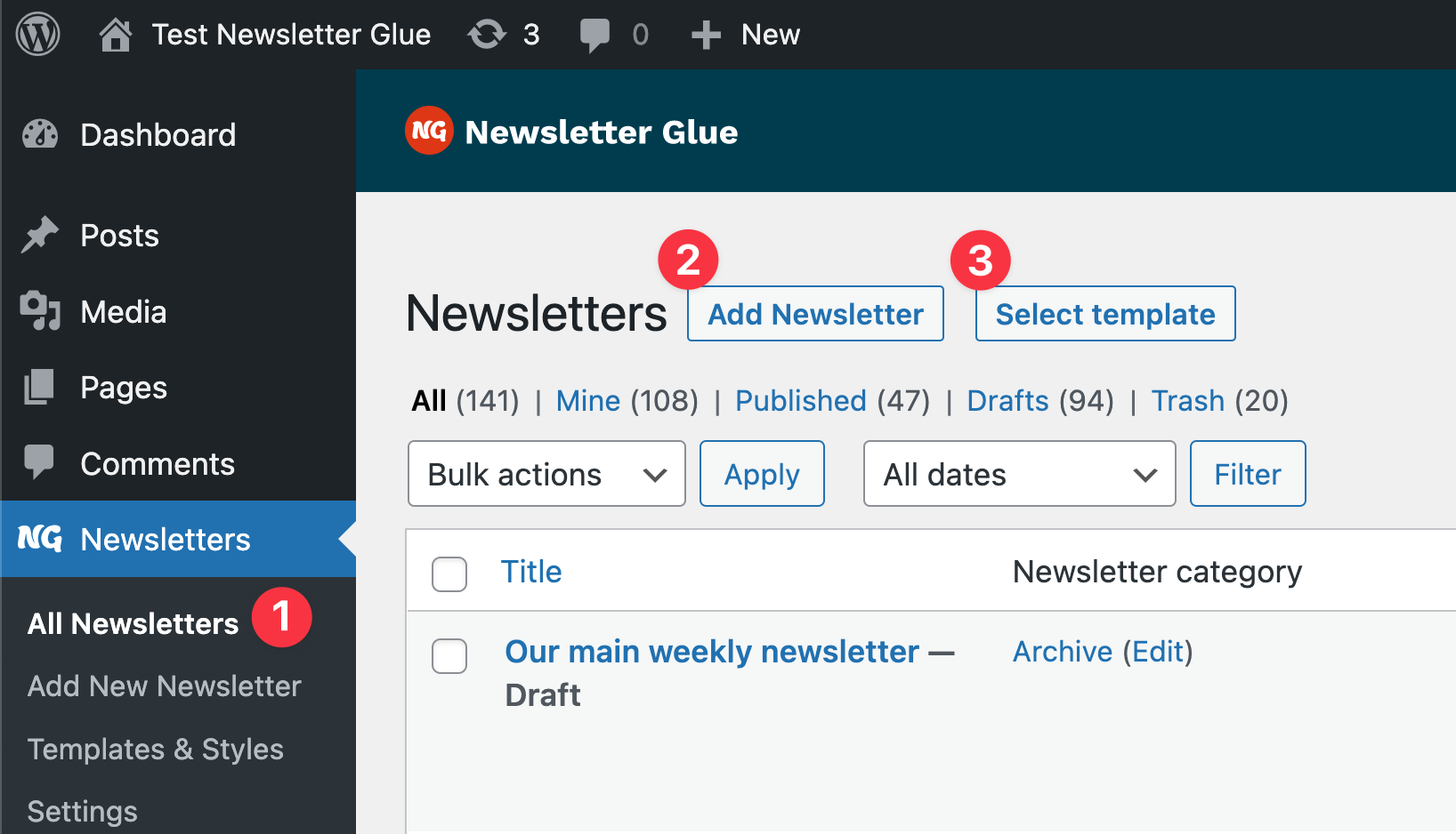 Screenshot of Newsletter Glue plugin.  Inside Newsletters, there's a Add newsletter and Select template buttons.