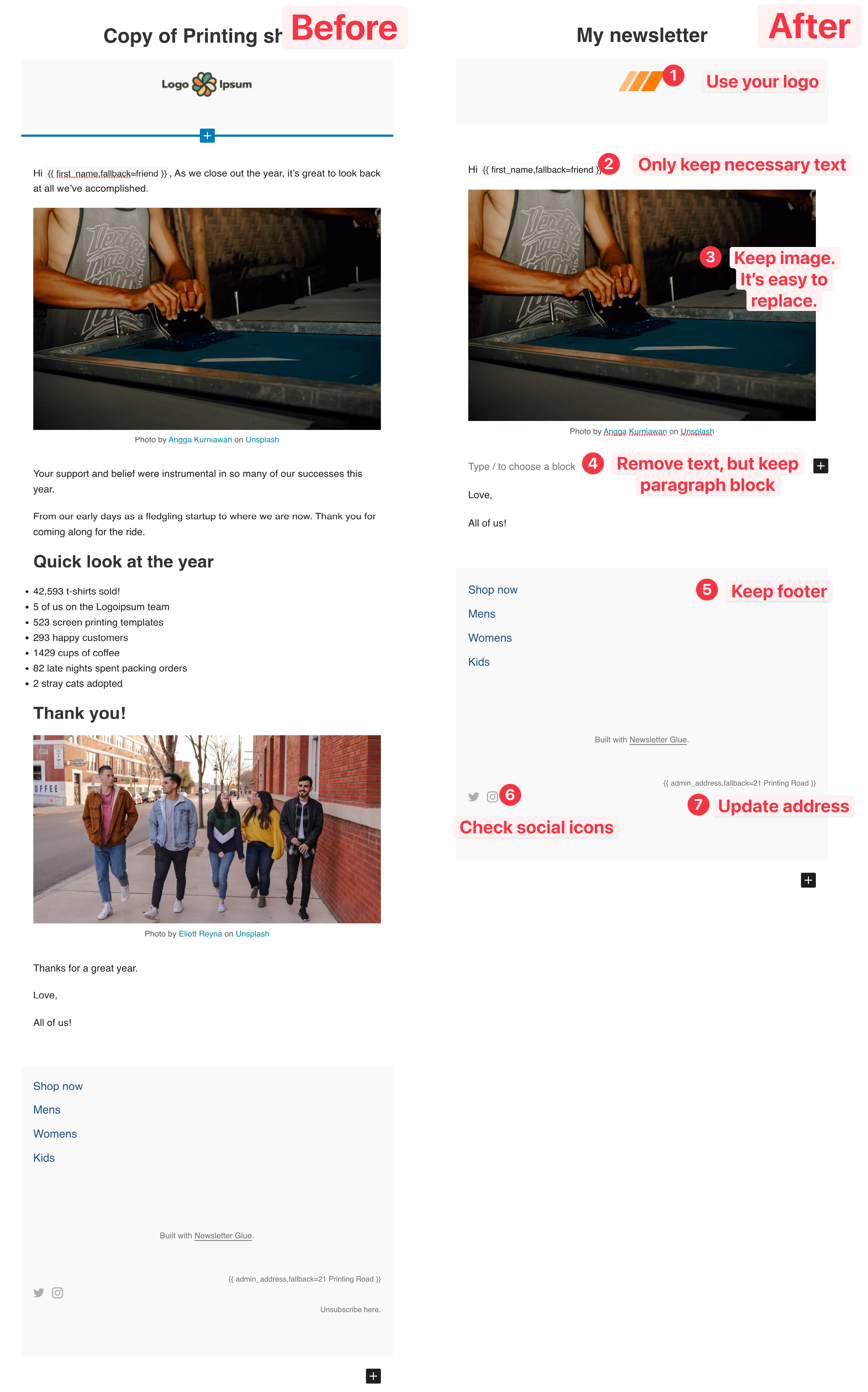 Screenshot of newsletter templates before and after. With the after showing 7 things you can do to update your template.