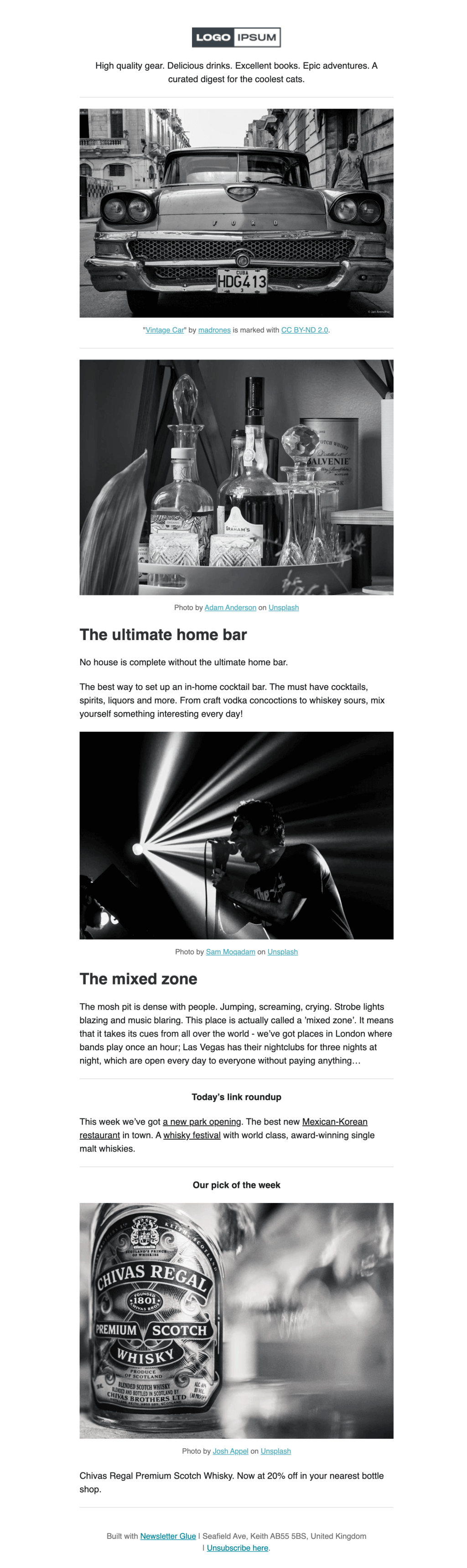Curated Gear and Drinks Digest curated newsletter template