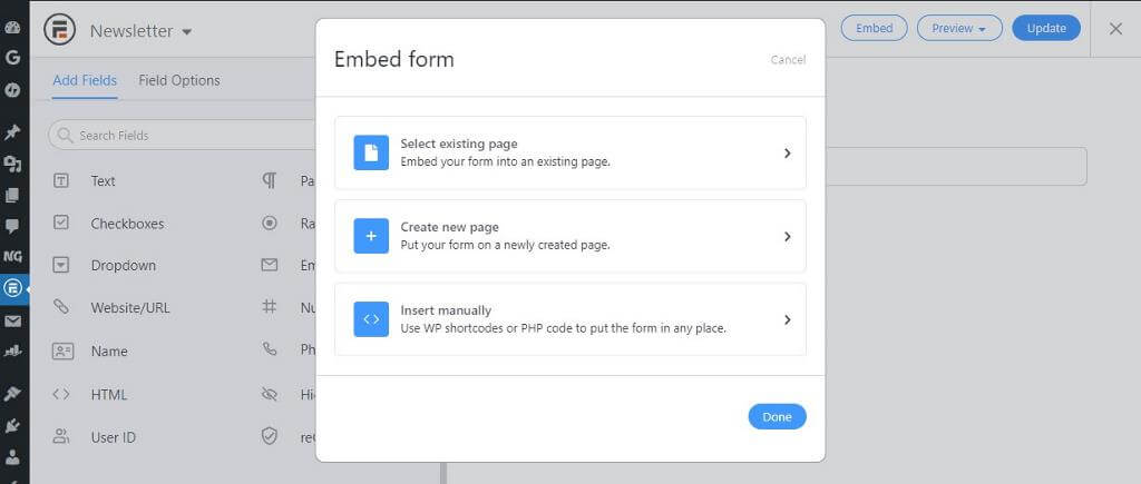 Form embed options in Formidable Forms
