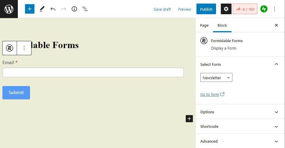 Formidable Forms block added to page a WordPress page