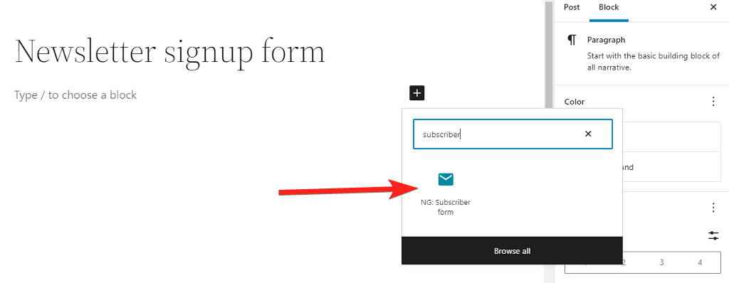 add new subscriber form block to WordPress page