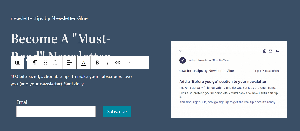 Email opt-in form using Newsletter Glue plugin