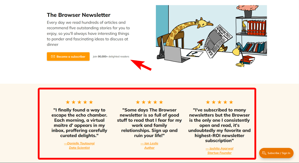 Show testimonial on newsletter landing page