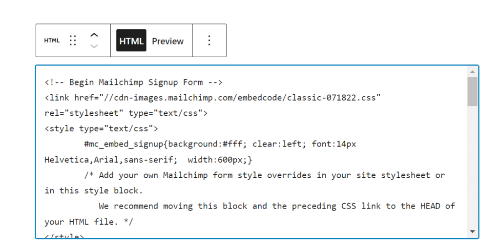 Mailchimp form HTML added on the website