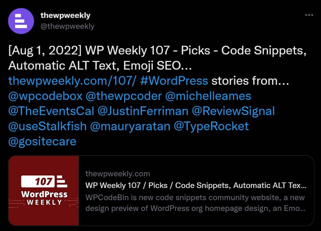The WP Weekly newsletter shared on Twitter