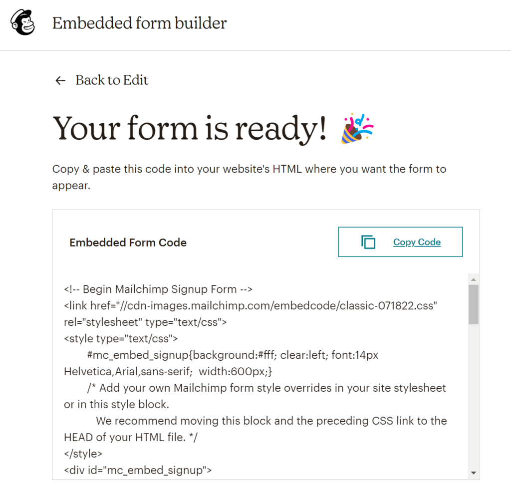 Your Mailchimp embed form is ready