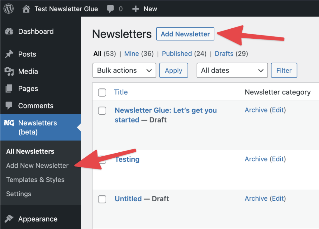 newsletter archive with Newsletter Glue