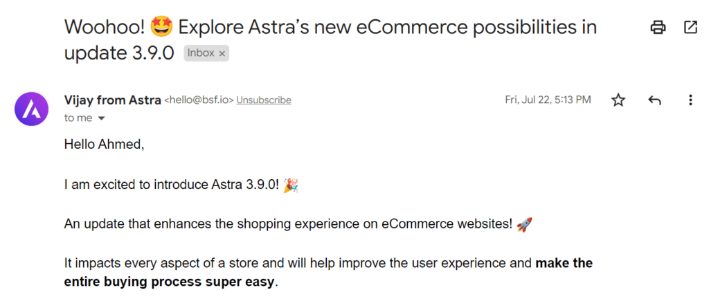 Astra theme newsletter introduction example