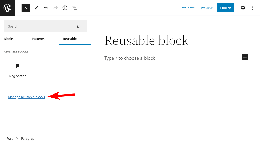 Click on the Manage reusable block link