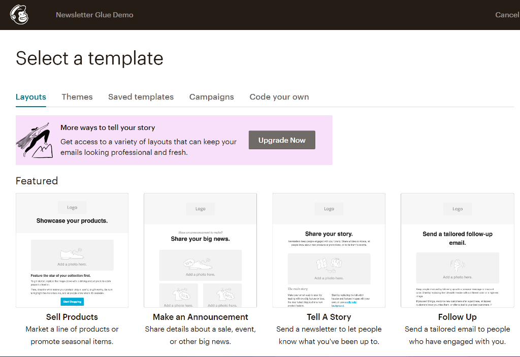 Select a predesigned Mailchimp template