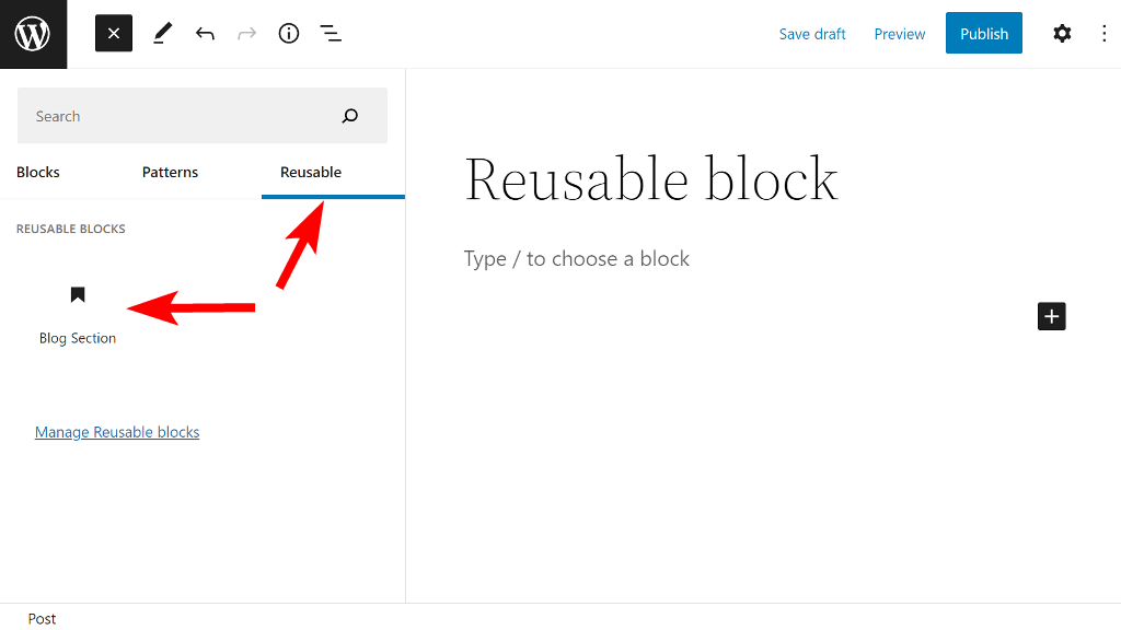 Switch to the Reusable block tab and add the block