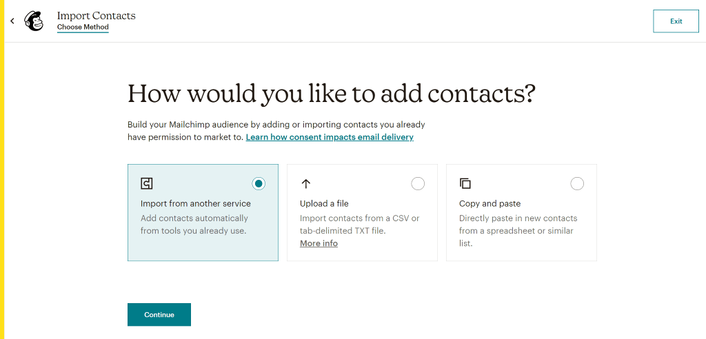 select how you would like to import the contact list into Mailchimp