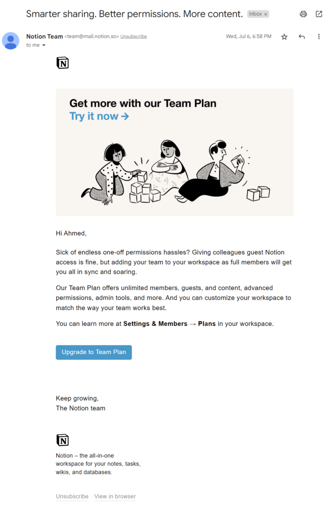 Notion team upgrade email