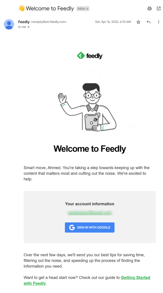 welcome email from feedly