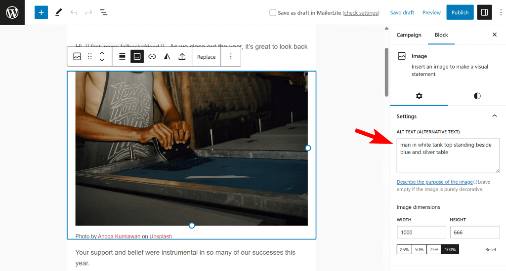 Adding ALT text to an image in Newsletter Glue editor