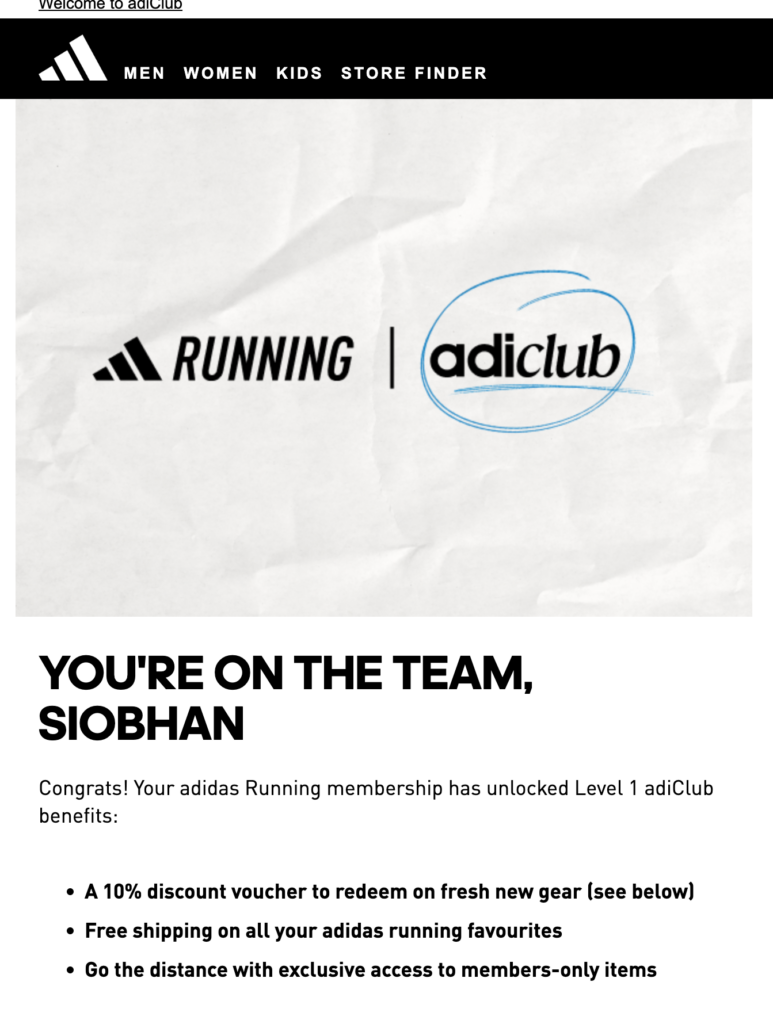 Personalised email from Adidas welcoming me to the team