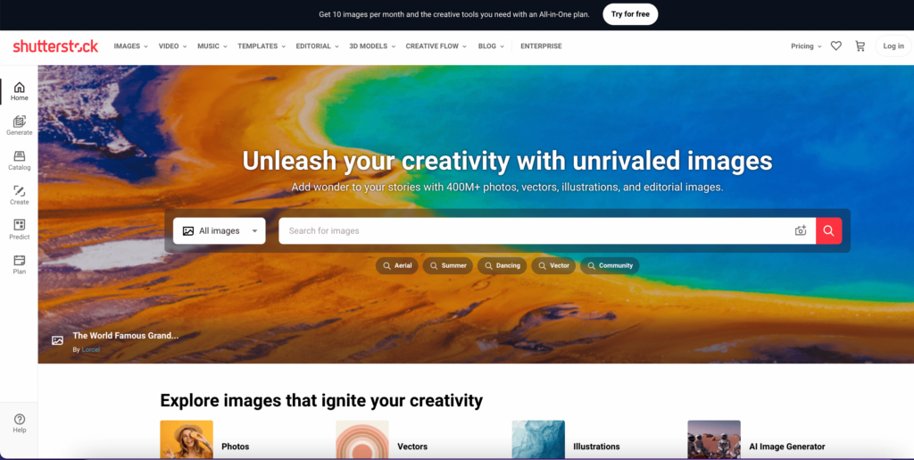 Shutterstock image search tool preview with search box