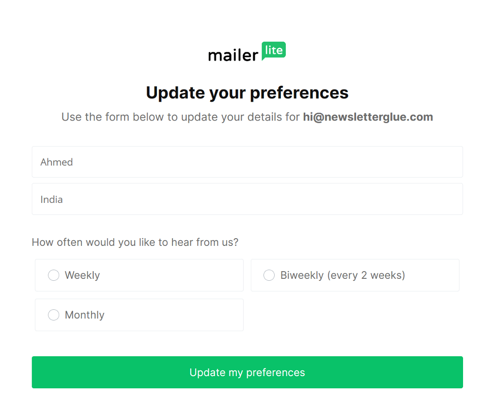MailerLite email preference center