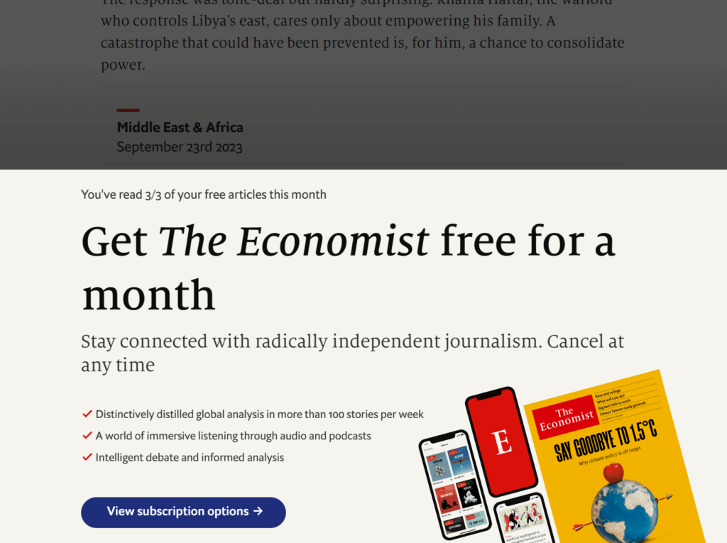The Economist paywall popup