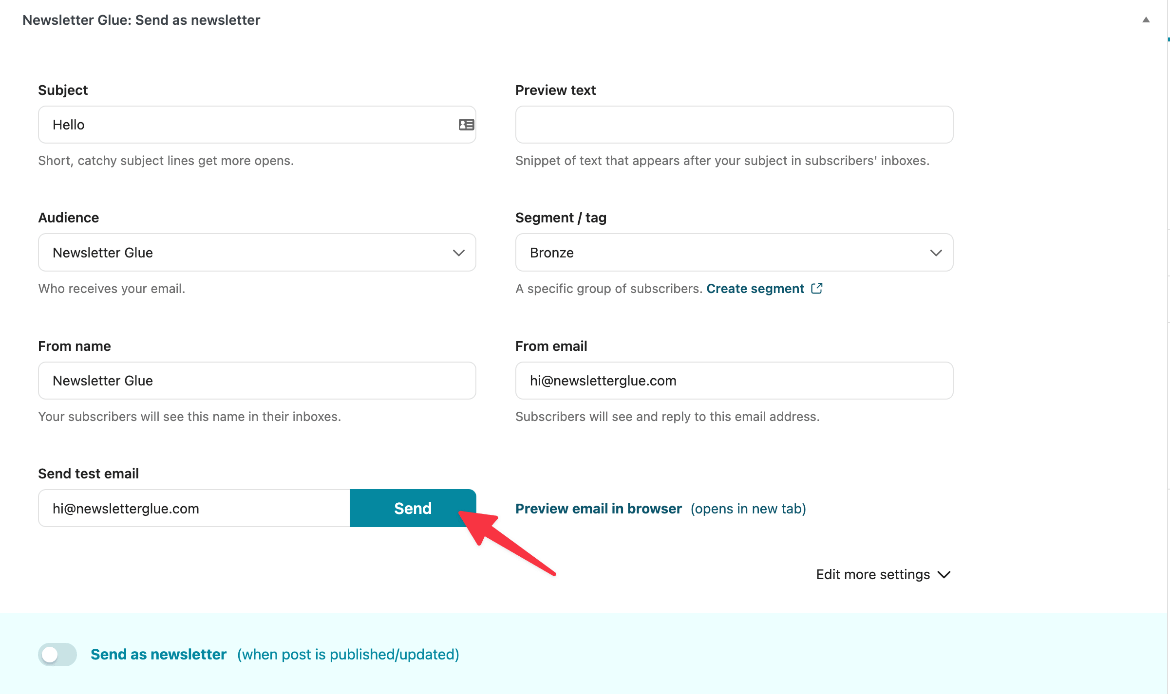 Send test email with Newsletter Glue