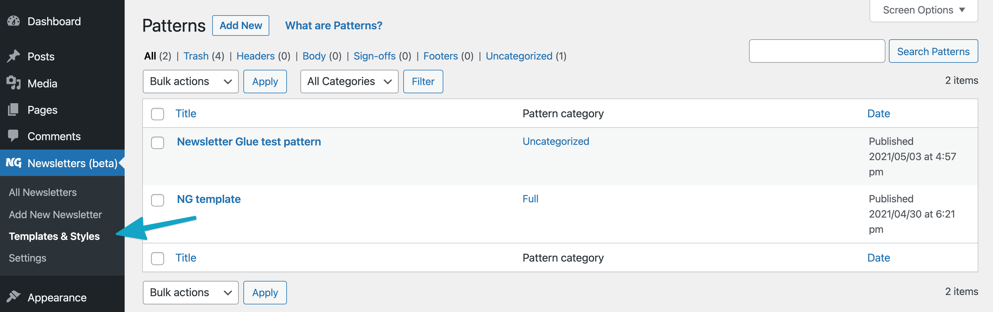 Newsletter patterns in Newsletter Glue