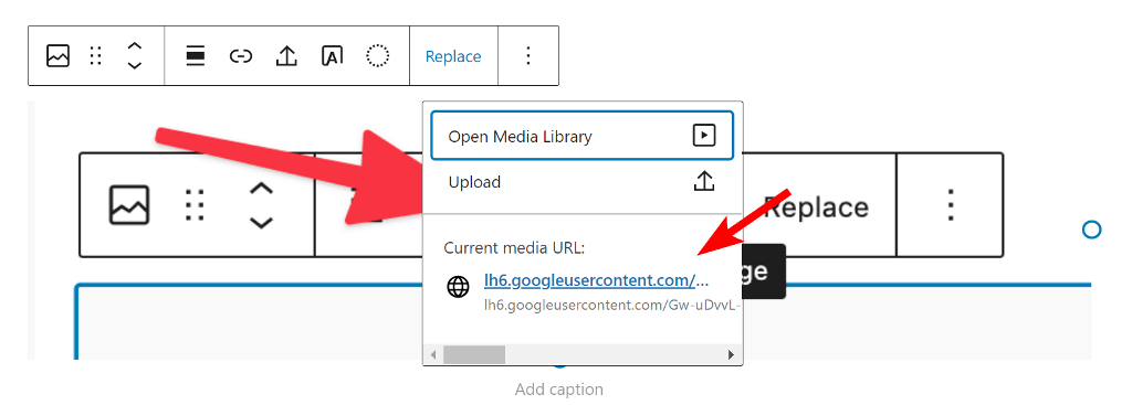 Click replace to see the image URL