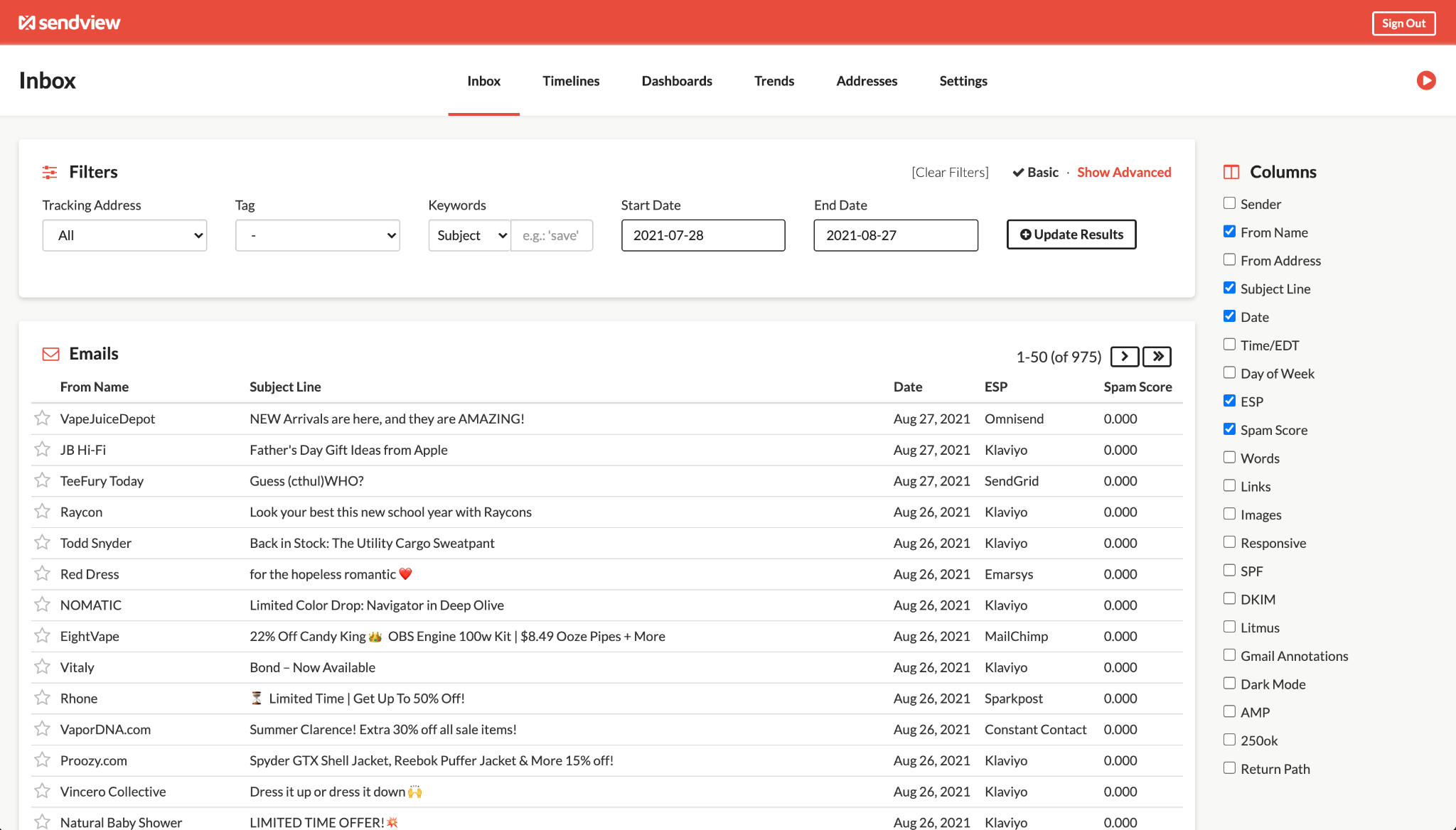 SendView's Inbox with 21 data filters