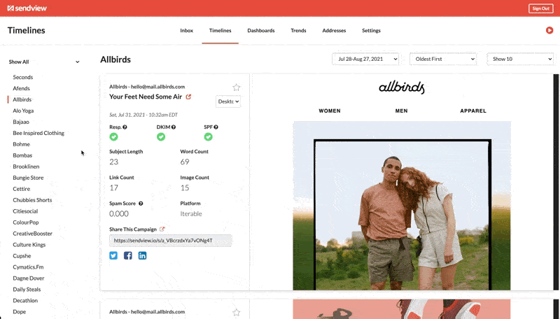 Scrolling through SendView's list of Allbirds campaigns
