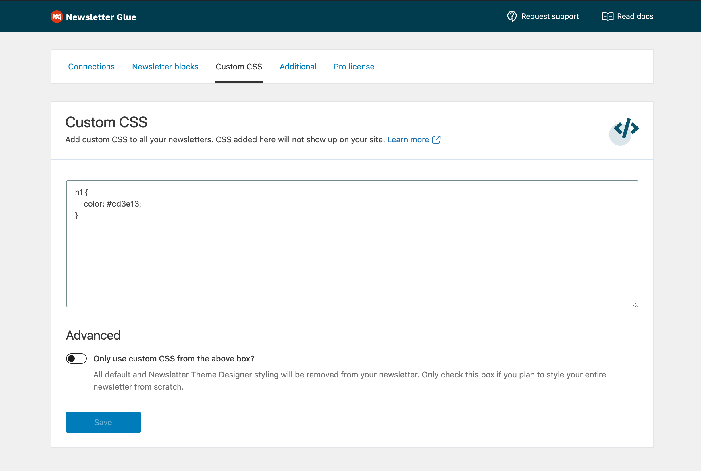 Newsletter Glue v.2 Custom CSS tab