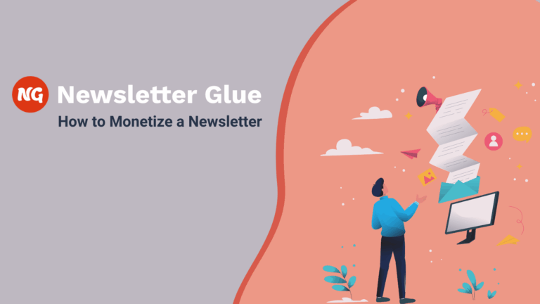 Newsletter Glue logo, top left with subtitle "How to Monetize a Newsletter". On the right, an illustrated image of a person looking at a computer screen with emails and icons floating above it.