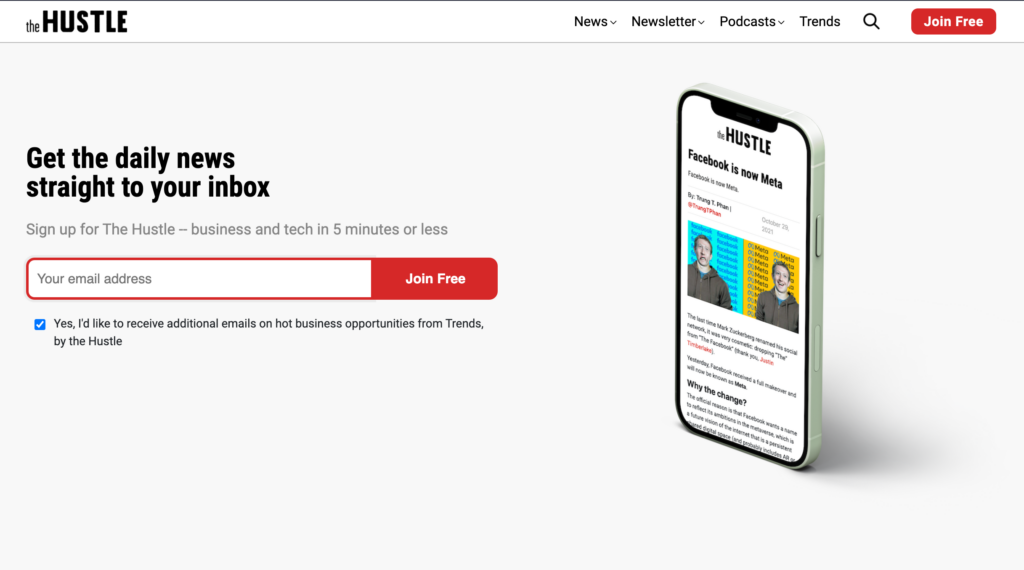 Screenshot of The Hustle's landing page