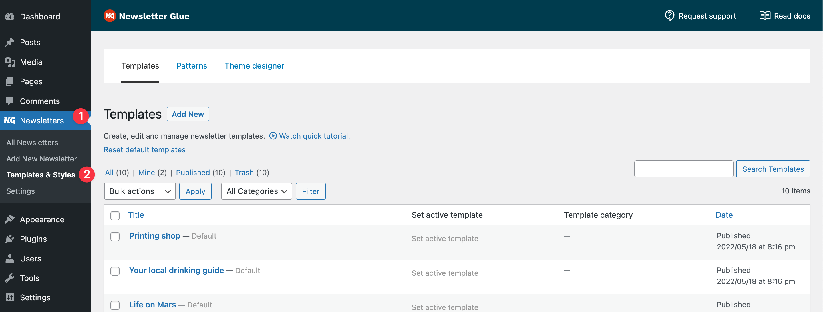 Screenshot of Newsletter Glue plugin. Click on Newsletters then Templates & Styles.