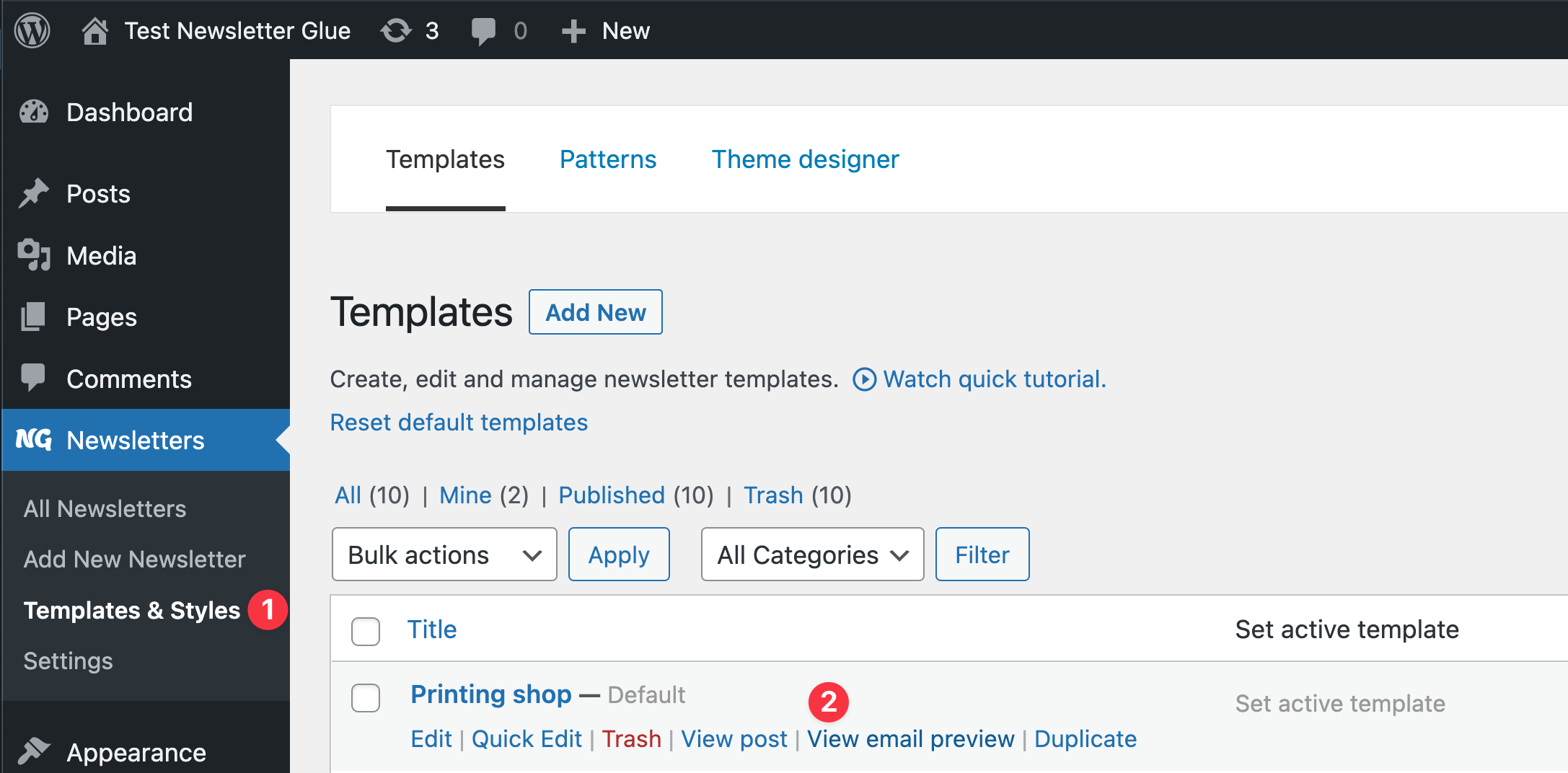 Screenshot of Newsletter Glue plugin.  Click on Templates & Styles then hover over your preferred templates and click on View email preview.