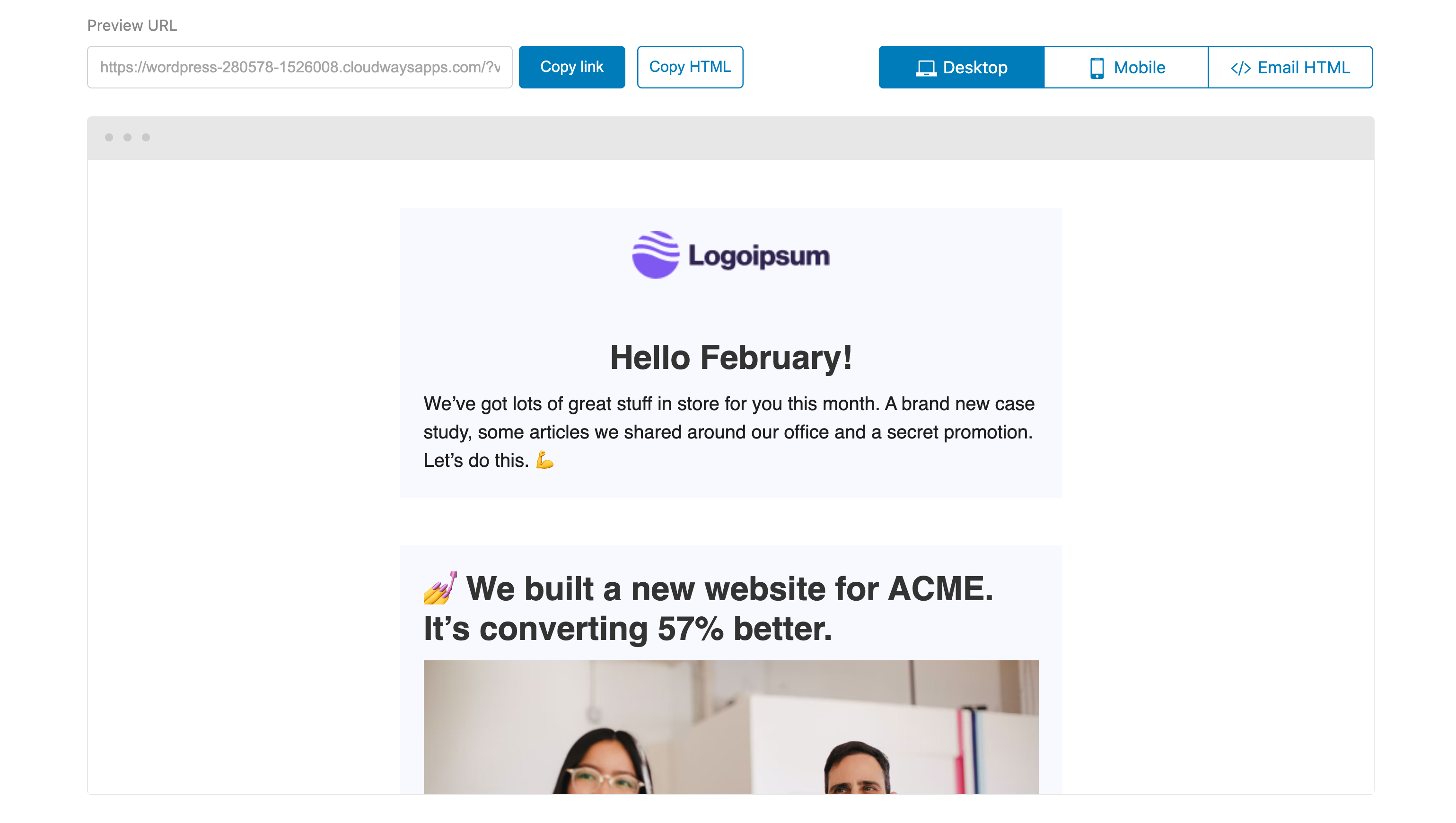 Screenshot of Newsletter Glue plugin. Viewing your email preview.