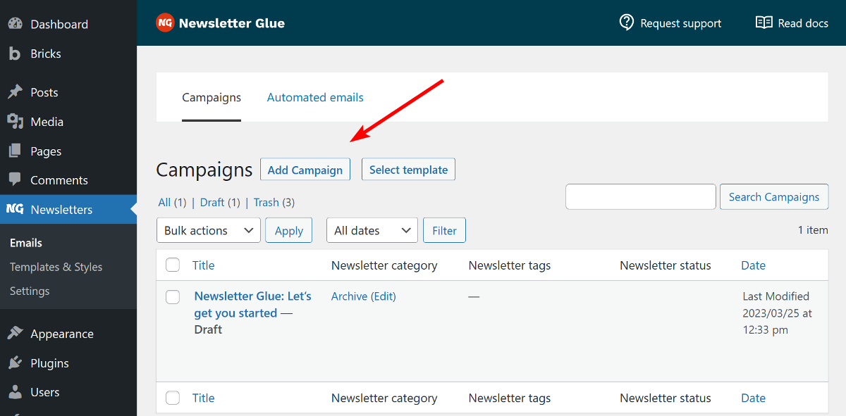 Newsletter campaigns in Newsletter Glue