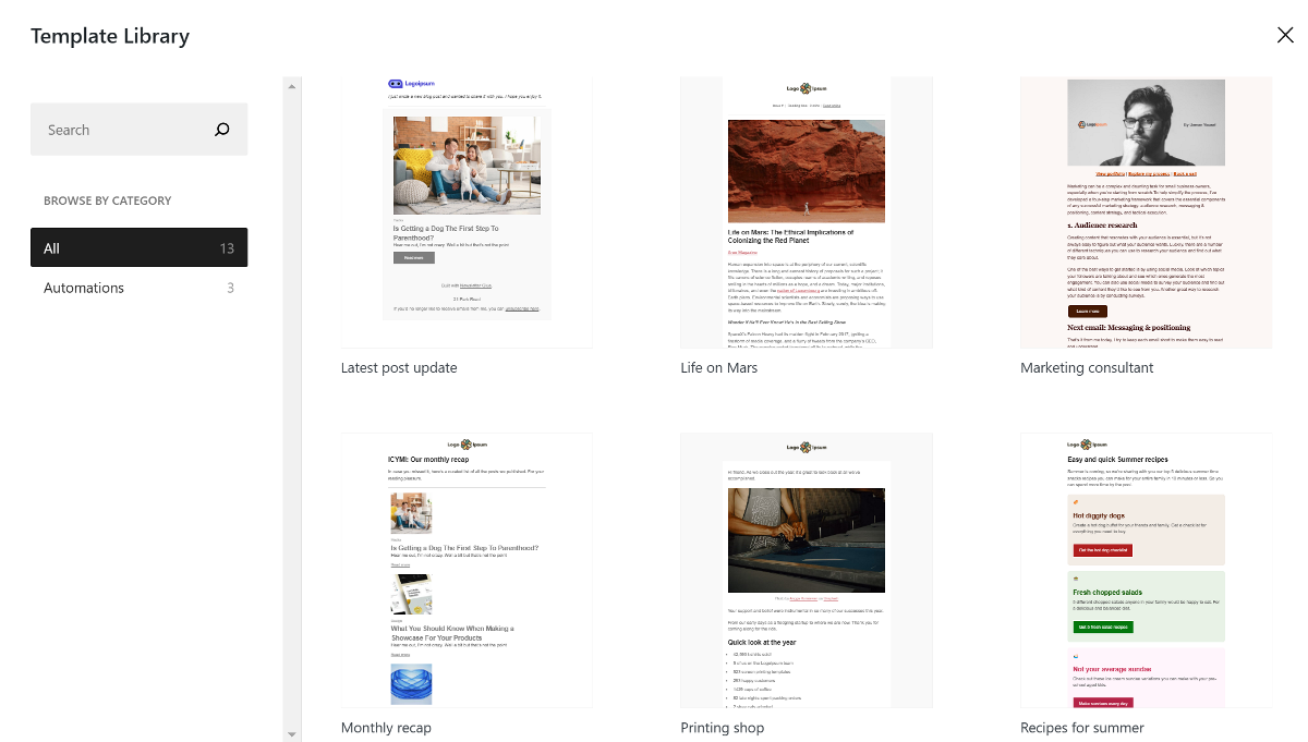 Newsletter Glue template library selection
