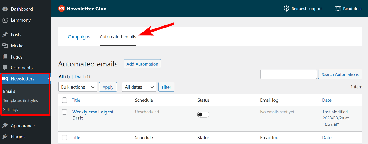 Where to find Automated Emails in Newsletter Glue