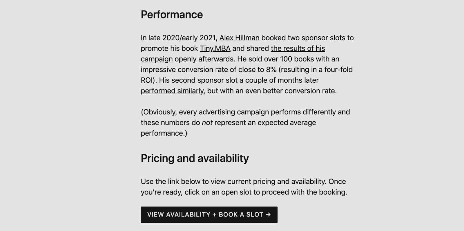 This email details the success of such ads and directs interested parties to view current availability and book a slot.