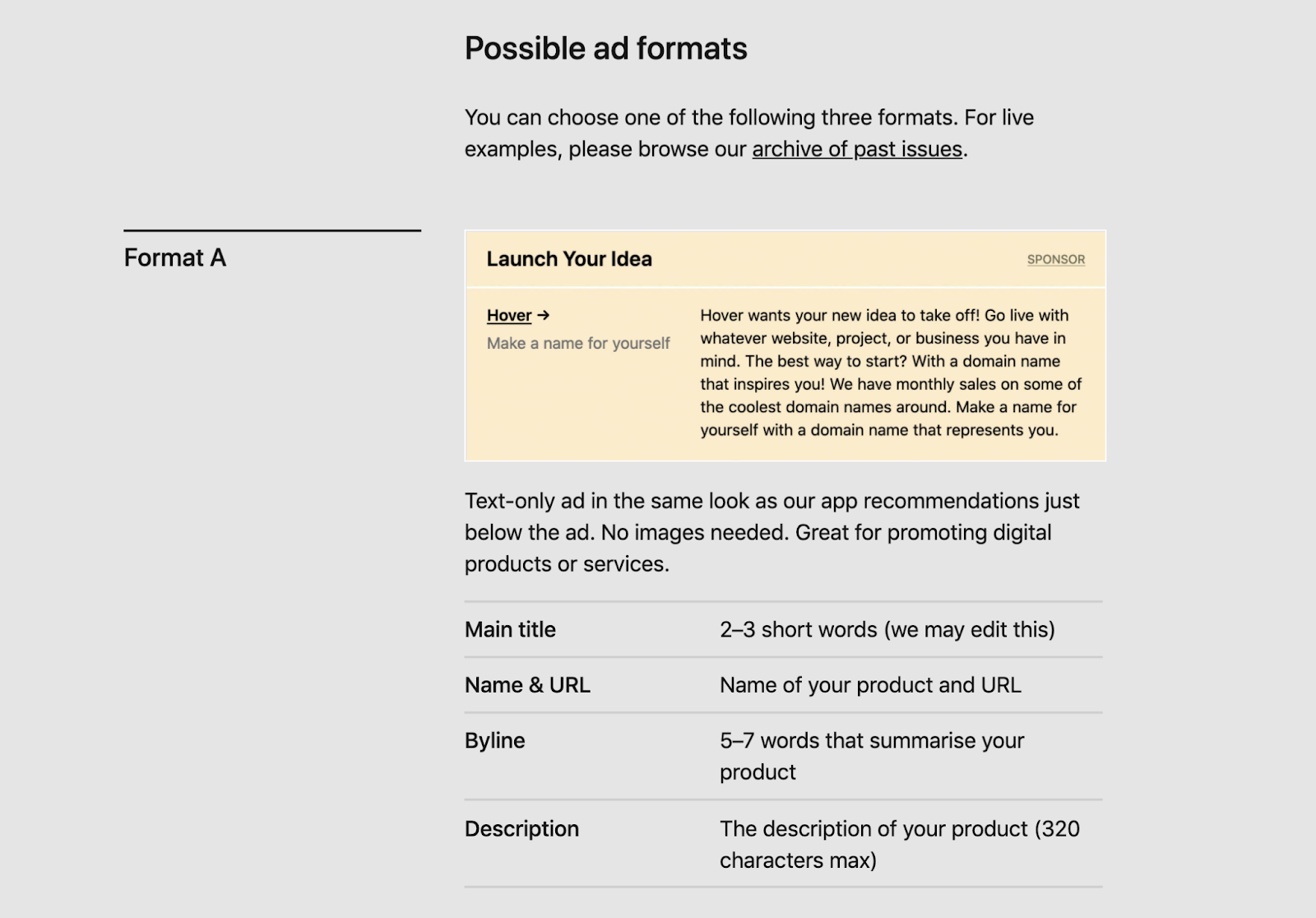This image details Dense Discovery's possible ad formats. Format A is text only with short titles, the name of your product with a URL, a byline, a and a short description.