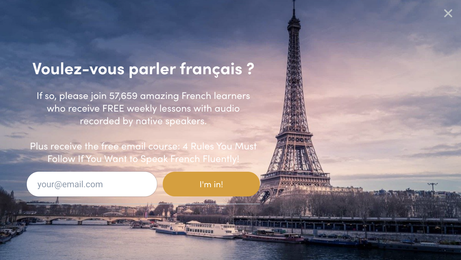 An invitation to join a large group of French learners and receive free weekly lessons with audio recorded by native speakers.